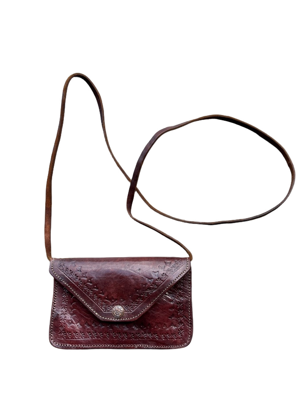 Vintage Tooled Leather Crossbody Envelope Purse Brown Boho Western Festival Bag